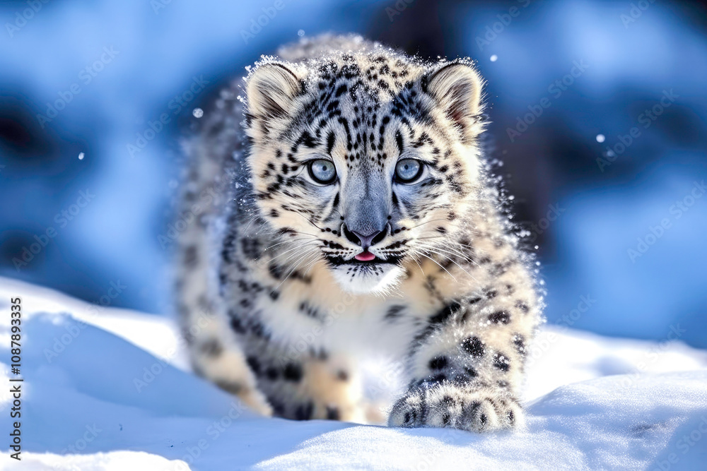 Obraz premium Playful snow leopard cub on snowy landscape, showcasing its striking fur pattern and captivating blue eyes. Concept of innocence and curiosity in nature, highlighting wildlife beauty and fragility