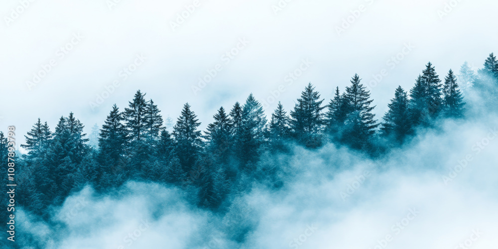 Misty forest with tall evergreen trees in serene atmosphere Misty forest with tall evergreen trees in serene atmosphere