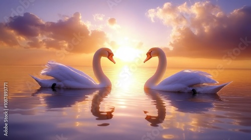 Sunset lake scene with graceful swans peaceful nature serene wildlife photography water reflection