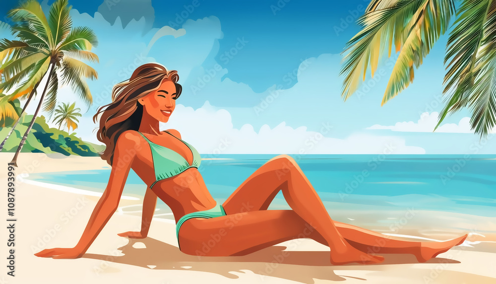 Young woman in swimsuit relaxing on the beach on a tropical island under palm trees, vacation concept, hand drawn modern style Young woman in swimsuit relaxing on the beach on a tropical island under palm trees, vacation concept, hand drawn modern style