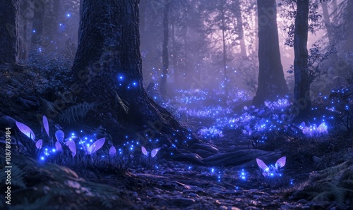 whimsical fairy woodland at twilight with bioluminescent plants and shimmering pixie dust in the air