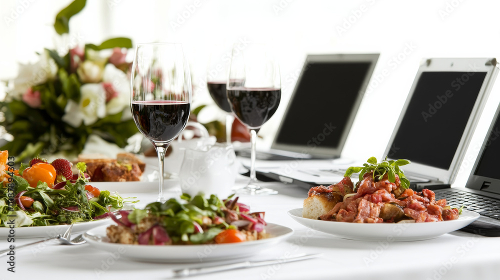 A formal business lunch setup with plates of gourmet food, wine glasses, and laptops on a white table, placed against a white background. A formal business lunch setup with plates of gourmet food, wine glasses, and laptops on a white table, placed against a white background.