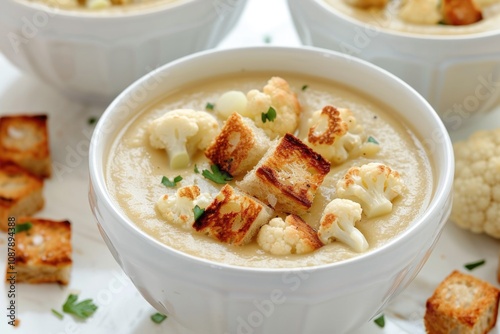 A warm and comforting bowl of soup filled with croutons and cauliflower, great for a cozy meal or snack