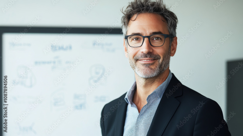 A professional business coach stands confidently in front of a whiteboard with clear diagrams, set against a white background. A professional business coach stands confidently in front of a whiteboard with clear diagrams, set against a white background.