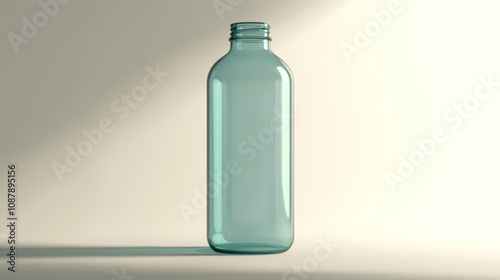 An empty glass bottle with a blue tint, standing upright on a white surface.