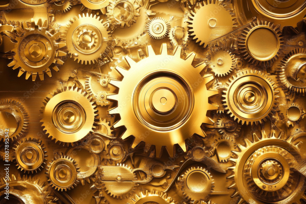 Gear gold mechanism background. Metal parts, wheels, cogs. Clock mechanism. Bright image. Generated with AI. Gear gold mechanism background. Metal parts, wheels, cogs. Clock mechanism. Bright image. Generated with AI.
