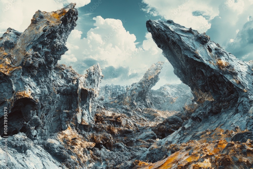 Obraz premium A rugged terrain with a mountain visible in the distance
