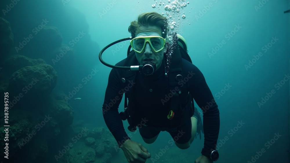 Underwater exploration in a vibrant ocean setting at dawn with a scuba diver discovering marine life Underwater exploration in a vibrant ocean setting at dawn with a scuba diver discovering marine life