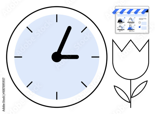 Clock with black hands, interface screen with storefront elements, and minimalist flower. Ideal for time management, e-commerce, digital marketing, floristry, web design, scheduling productivity