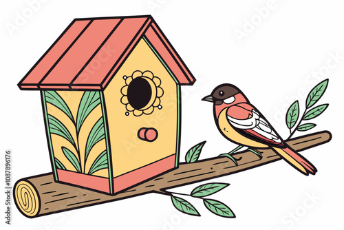 : A colorful bird house on solid background vector illustration. Bird sitting on log