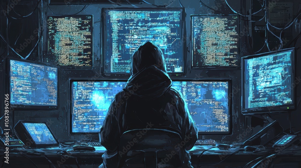 Mysterious Programmer in Hoodie Surrounded by Multiple Monitors Displaying Lines of Code and Binary Data in a Dimly Lit Room