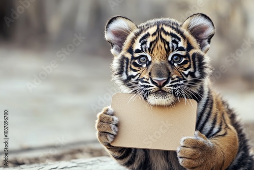 A young tiger cub holds a sign in its paws, conveying a message or making a statement