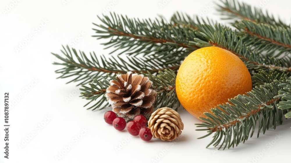 A pine branch with orange and pine cones on a white background A pine branch with orange and pine cones on a white background