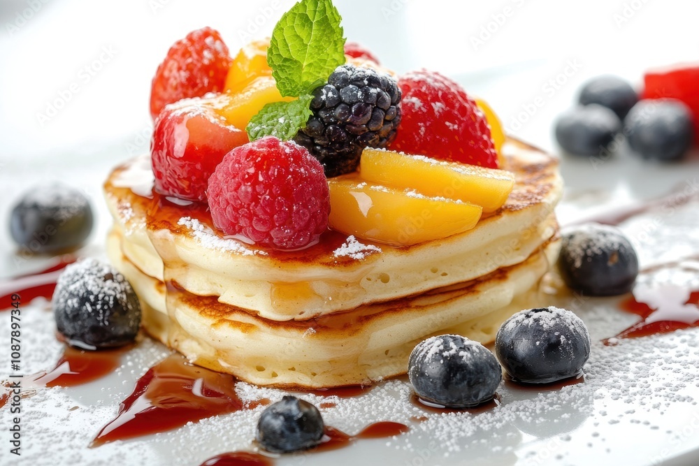 food styling, morning yogurt pancakes whimsically displayed on a white background, strikingly isolated in the frame food styling, morning yogurt pancakes whimsically displayed on a white background, strikingly isolated in the frame