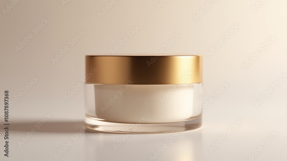 A luxurious cream jar with a golden lid gracefully resting on a soft surface in gentle lighting
