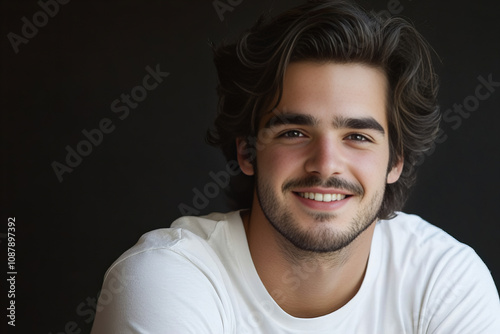 Cheerful Smiling Man in White T-shirt on a Minimalistic Dark Background, Representing Confidence, Casual Elegance, and Modern Masculine Energy for Branding and Lifestyle Concepts