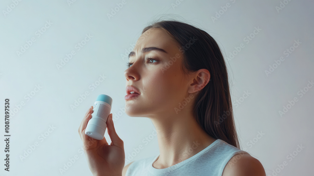 Young woman using inhaler for respiratory relief and health awareness Young woman using inhaler for respiratory relief and health awareness