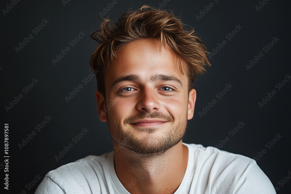 Fototapeta premium Cheerful Smiling Man in White T-shirt on a Minimalistic Dark Background, Representing Confidence, Casual Elegance, and Modern Masculine Energy for Branding and Lifestyle Concepts