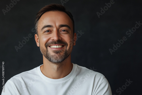 Smiling Handsome Man Wearing White T-shirt on a Dark Background, Highlighting Confidence, Positivity, and Modern Casual Style for Personal Branding and Lifestyle Imagery