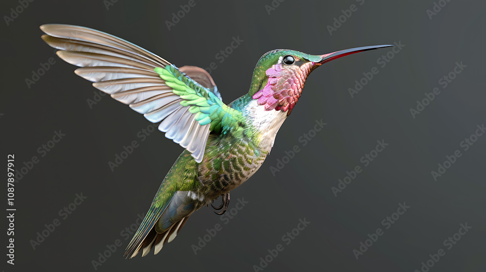 Obraz premium A Realistic Hummingbird in Mid-Hover with Vibrant Feathers, Capturing the Delicate Movement and Beauty of Nature