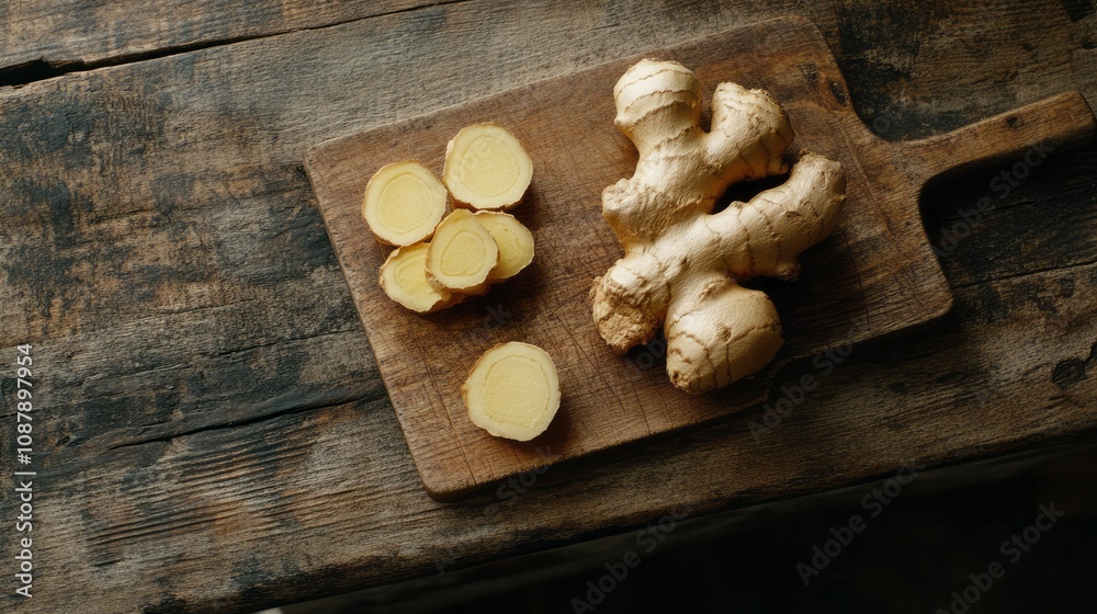 Fresh ginger on chopping board on wooden table with space for text or lettering, top view Fresh ginger on chopping board on wooden table with space for text or lettering, top view