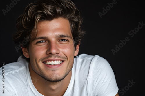 Smiling Handsome Man Wearing White T-shirt on a Dark Background, Highlighting Confidence, Positivity, and Modern Casual Style for Personal Branding and Lifestyle Imagery photo