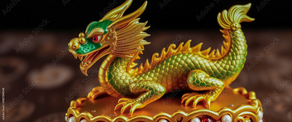 A striking golden dragon statue resting on a golden base. The dragon, adorned with vibrant green scales, is elegantly curled up, radiating a sense of power and grace. A striking golden dragon statue resting on a golden base. The dragon, adorned with vibrant green scales, is elegantly curled up, radiating a sense of power and grace.