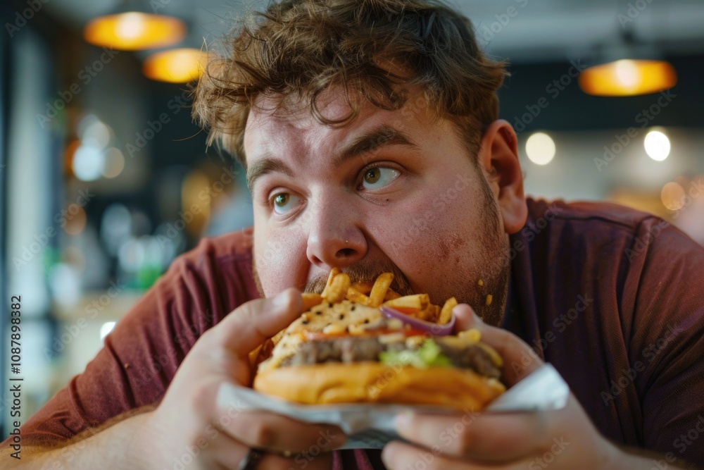 A person enjoying a big burger and french fries, perfect for food photography or ads A person enjoying a big burger and french fries, perfect for food photography or ads