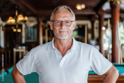 An older man with glasses and gray hair wears a white shirt and stands indoors, embodying wisdom and dignity as he confidently poses against well-lit surroundings. photo