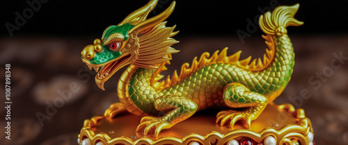 Wallpaper Mural A striking golden dragon statue resting on a golden base. The dragon, adorned with vibrant green scales, is elegantly curled up, radiating a sense of power and grace. Torontodigital.ca