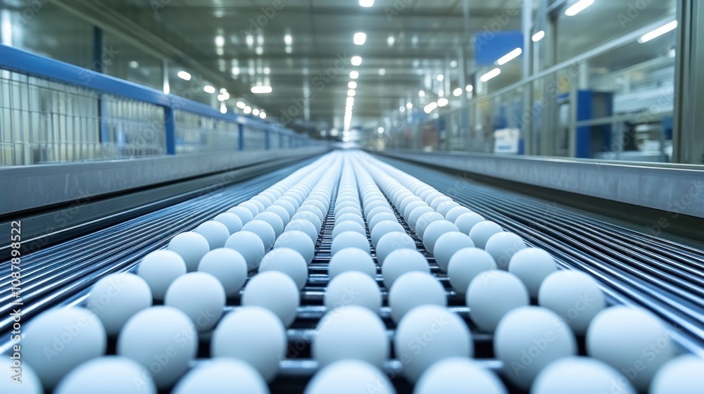 Eggs moving on conveyor belt in factory. Eggs moving on conveyor belt in factory.