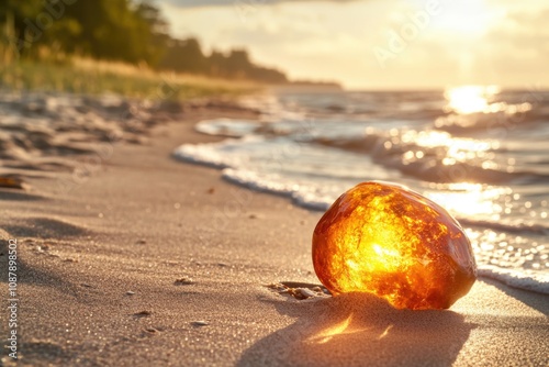 A piece of glass sits atop a sandy beach, waiting to be discovered photo