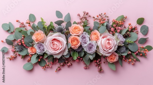 Elegant floral arrangement with peach, pink, and purple roses, eucalyptus, and berries on a pink background.