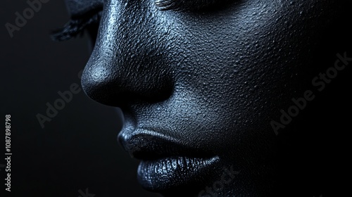 Close up shot of woman's face painted with black paint on dark background with space for text or captions, face with black makeup close up photo