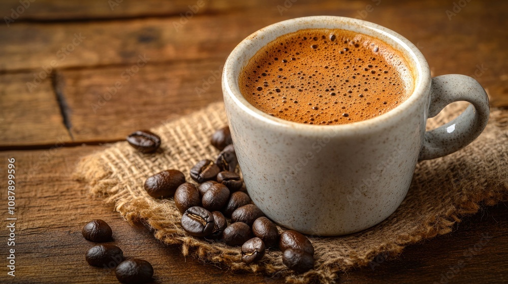Espresso in a cup with coffee beans.