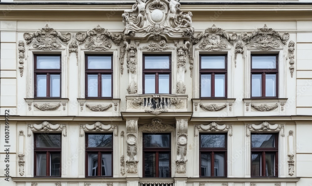 Detailed facade of an old, historic building with ornate architectural features, including decorative moldings, sculptures, and multiple windows