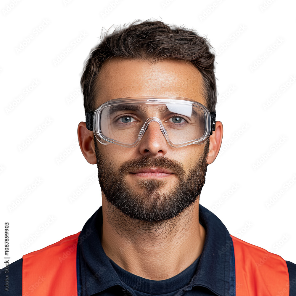 Professional man wearing safety goggles and orange vest on transparent background