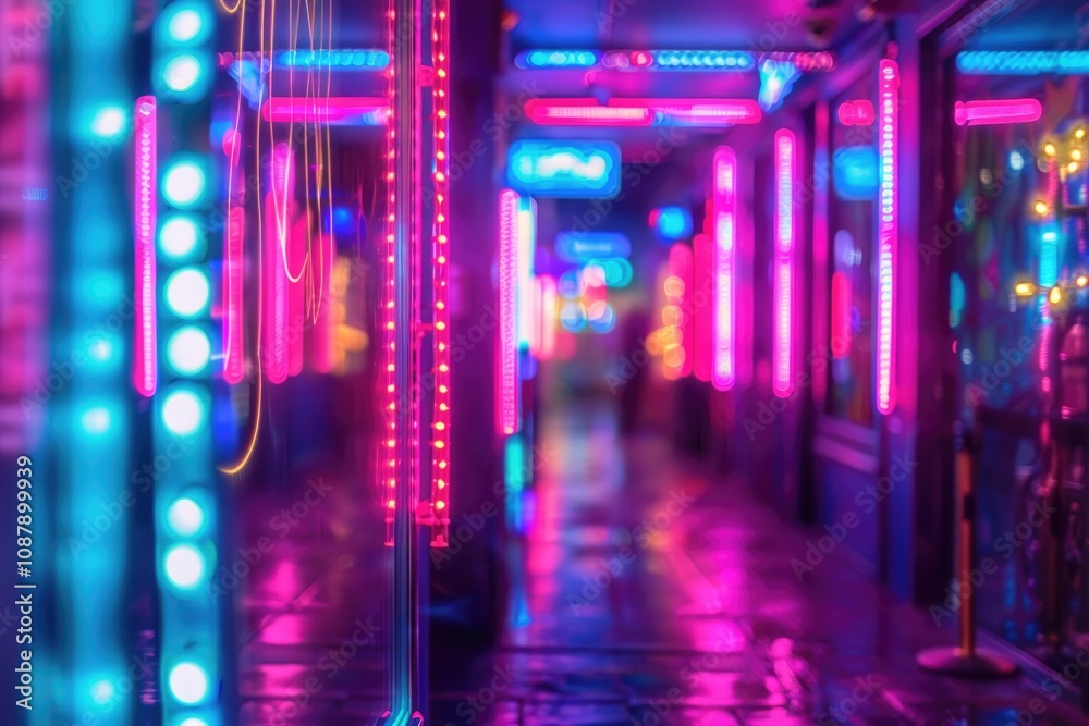 Obraz premium Long corridor with colorful neon lights on the walls