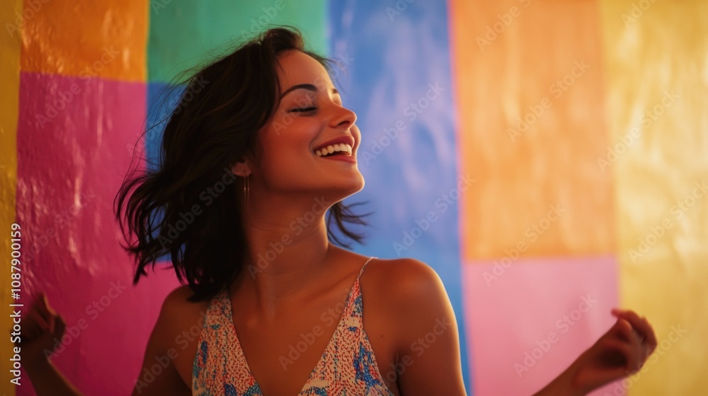 A happy woman wearing a bright dress, smiling and laughing A happy woman wearing a bright dress, smiling and laughing