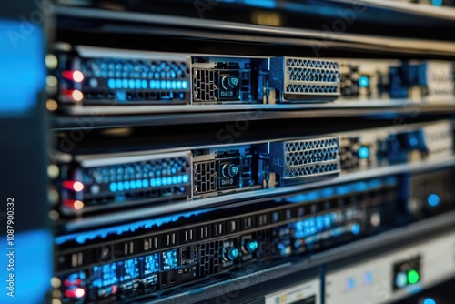 Row of servers with blue lights on them photo