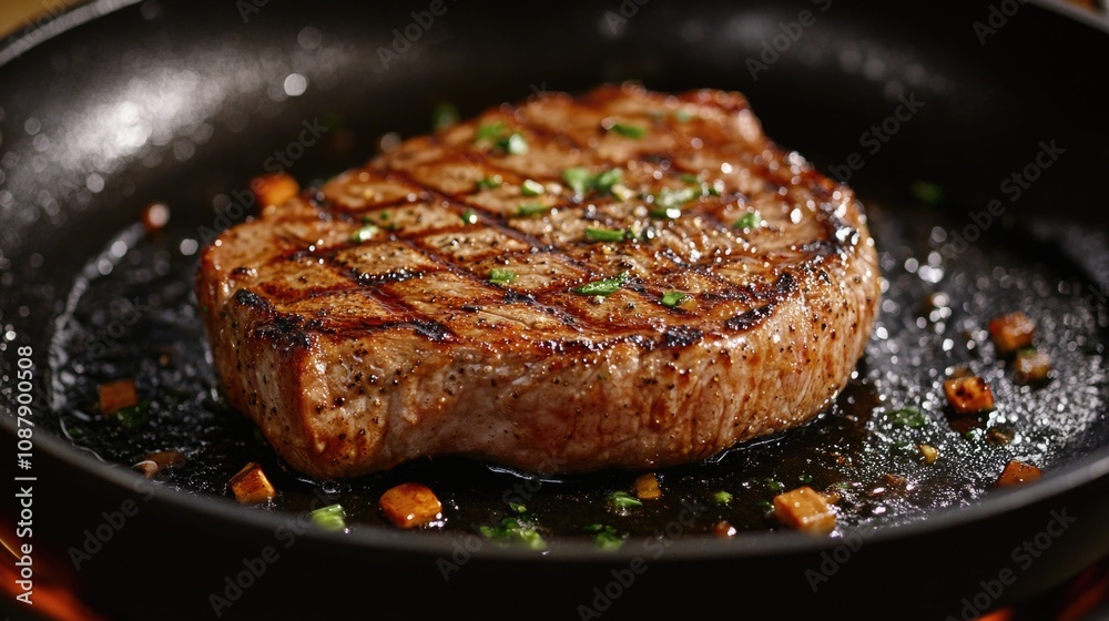 Close-up of a sizzling steak being cooked in a skillet on the stove, ready for serving Close-up of a sizzling steak being cooked in a skillet on the stove, ready for serving