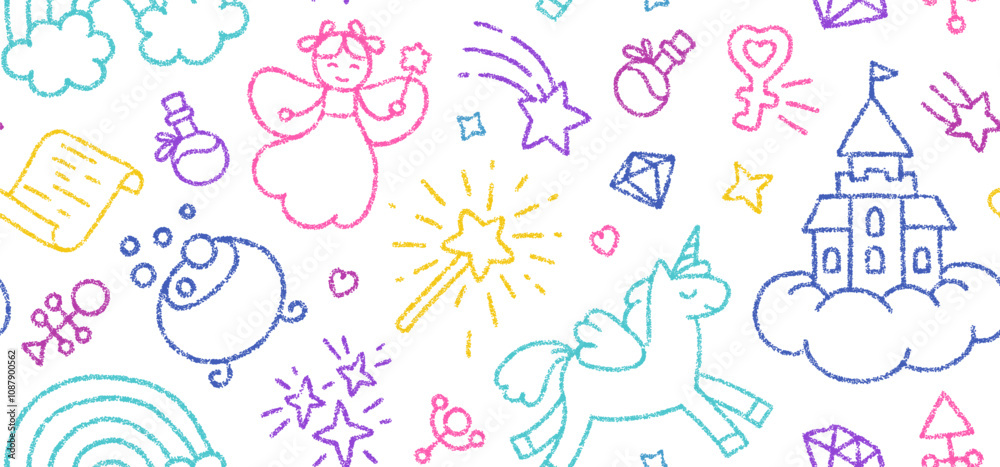 Childish seamless pattern with crayon drawn cute fairy, unicorn, rainbow and castle. Kids hand drawn background with color doodle magic elements, vector illustration Childish seamless pattern with crayon drawn cute fairy, unicorn, rainbow and castle. Kids hand drawn background with color doodle magic elements, vector illustration