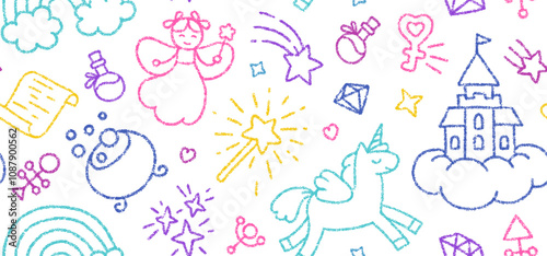 Childish seamless pattern with crayon drawn cute fairy, unicorn, rainbow and castle. Kids hand drawn background with color doodle magic elements, vector illustration