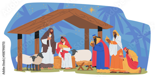 Merry Christmas religious scene of Jesus Christ birth and gifts of magi under star of Bethlehem