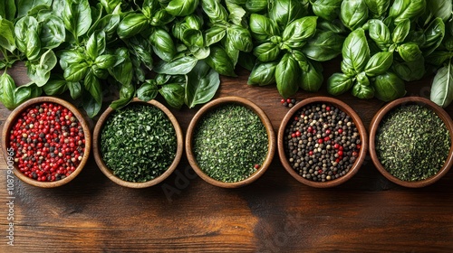 Five bowls of various spices and two bunches of fresh basil on a wooden surface. photo