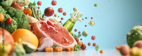Foodborne illness concept, pathogenic icons surrounding raw food, clean background, 3D illustration