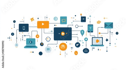 Abstract illustration of connected devices, computers, and multimedia content, representing digital communication and connectivity.