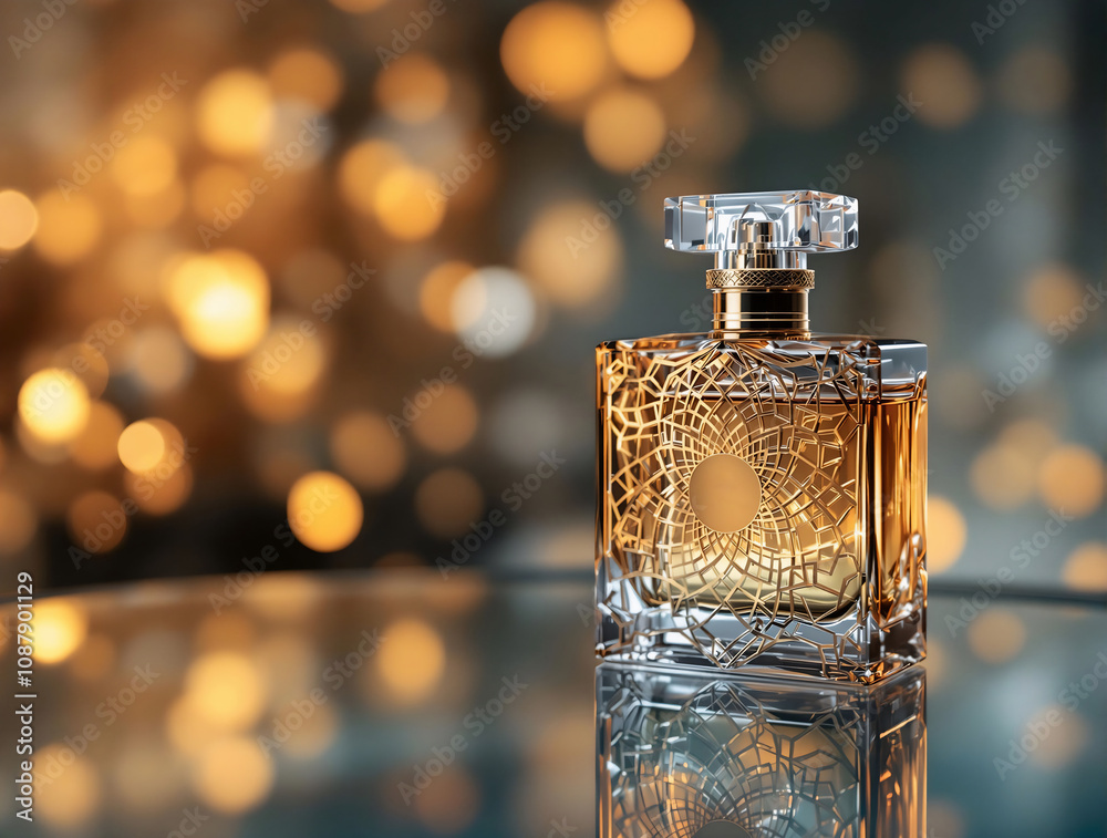 Luxury perfume bottle with an intricate design, placed on a reflective glass surface, with soft golden lighting and bokeh effects in the background Luxury perfume bottle with an intricate design, placed on a reflective glass surface, with soft golden lighting and bokeh effects in the background