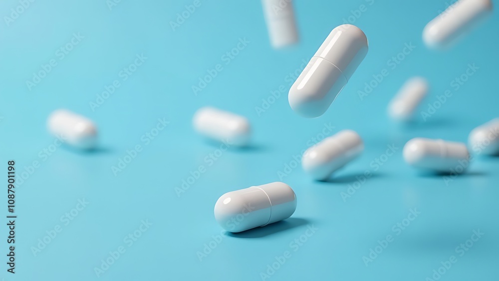 Capsules with white antibiotics falling on a blue background Capsules with white antibiotics falling on a blue background