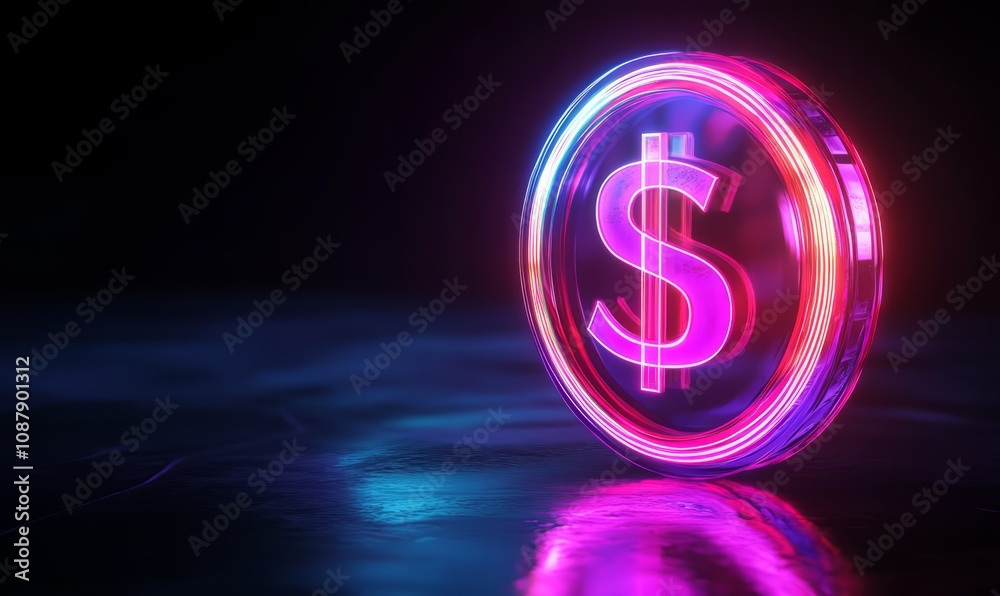 Dollar neon coin 3d, modern design on a dark background. The concept of technology, internet commerce, business, globalization Dollar neon coin 3d, modern design on a dark background. The concept of technology, internet commerce, business, globalization